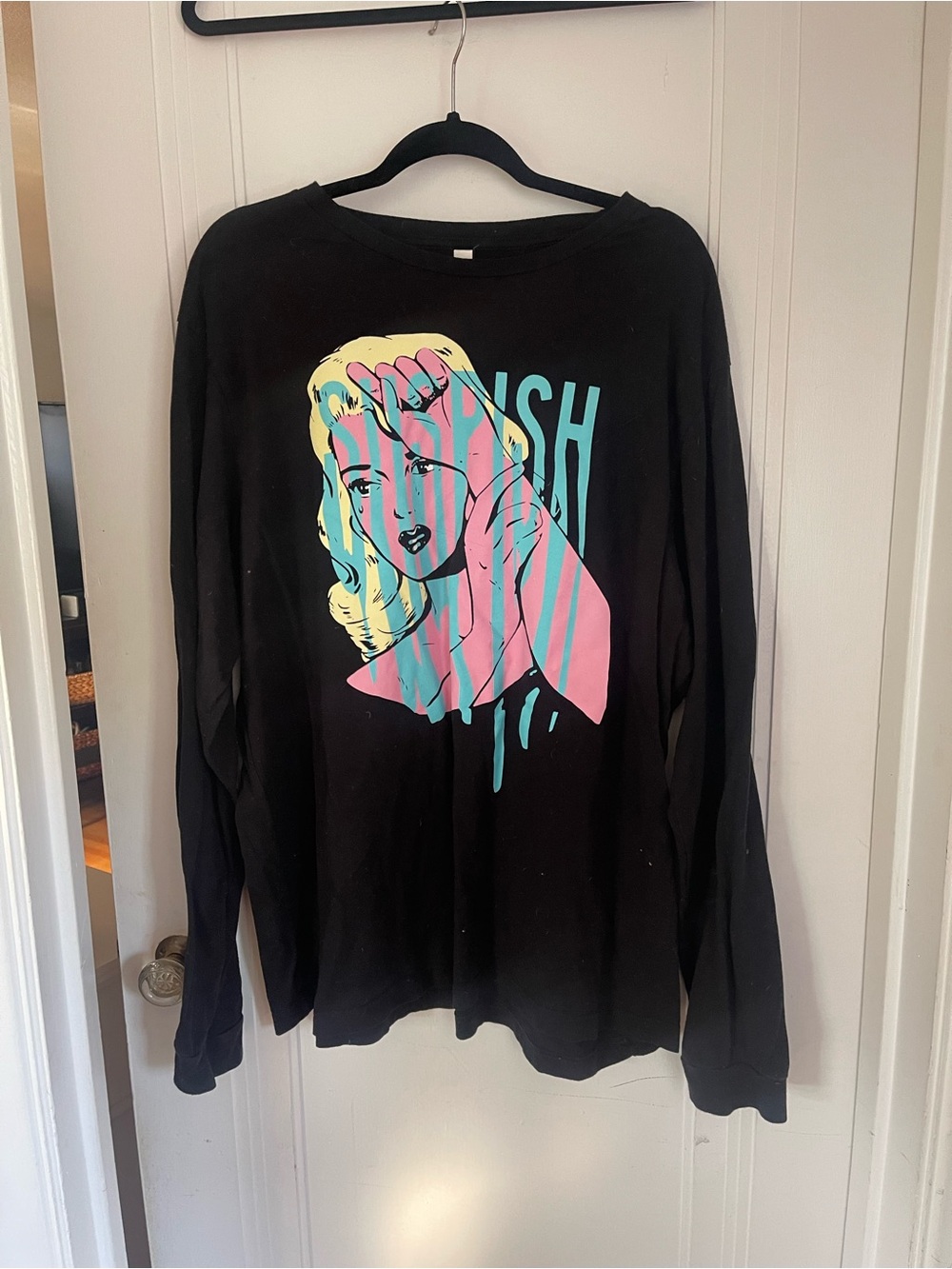 Bailey Sarian Black Graphic Long-Sleeve Women's Top with Pink & Teal Pop Art